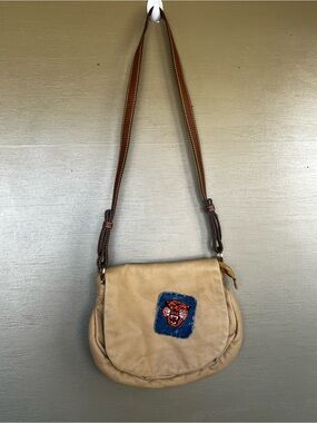 Coldwater Creek Tan Leather Crossbody Bag w/ Tiger Patch